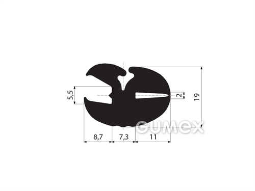 Gumový profil do okien dopravných prostriedkov, 19x27/5,5/2mm, odporúčaný klinok 00598001, 70°ShA, EPDM, -40°C/+100°C, čierny